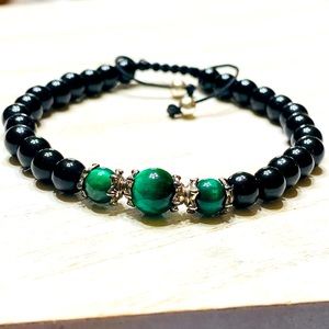 Men Green Tiger Eye Black Onyx Bracelet Adjustable beaded Cord